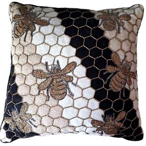 MacKenzie-Childs Beekeeper Pillow 16x16 Cotton Velvet Glass Beaded Bee 75759